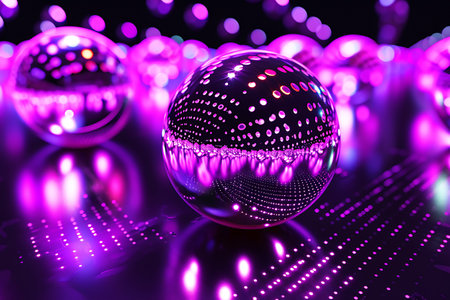 Transparent glass spheres sit on a grid that glows with pinpoint purple lights. Horizontal 3D illustrationの素材