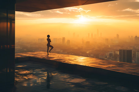 Silhouette of a woman performing a yoga pose at dawn on a rooftop overlooking the awakening cityscape. The concept of harmony and peace. horizontal photoの素材