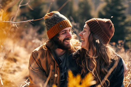Two people, a young man and a woman, sit close to each other, smile and experience a joyful moment against the backdrop of sunny nature. Horizontal photo.の素材
