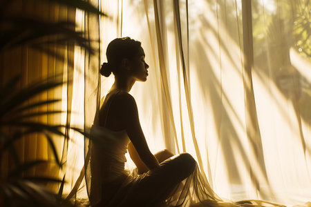 A slender young woman at dawn sits by the window in sunny weather and meditates. horizontal photoの素材