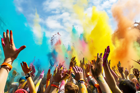 Crowds of people celebrate Holi with their hands raised in the air amid bright clouds of colored powder against a clear blue sky. Horizontal photography.の素材