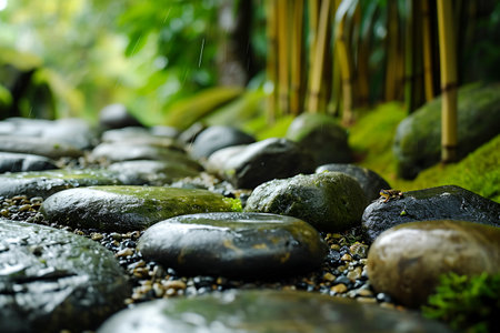 The tranquil arrangement of wet, smooth stones in a Zen garden, the muted green of the bamboo and the freshness of gentle rain create a meditative atmosphere. horizontal photoの素材