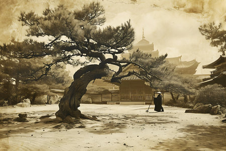 A monk shovels sand around an old pine tree in a traditional Zen garden. Vintage photo in sepia tonesの素材