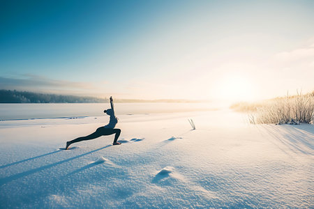 A young yoga woman stands in a Warrior pose among a snow-covered field, enjoying the silence of a bright winter day. The concept of harmony and peace. horizontal photoの素材
