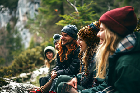 A group of young people in hiking gear relax and laugh together on a rocky mountainside, surrounded by lush greenery. Hiking and youth tourism concept. Horizontal photo.の素材