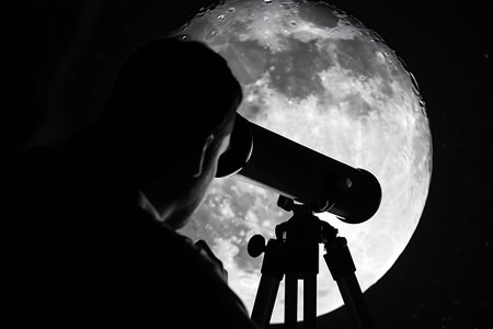 Silhouette of a man using a telescope to observe the detailed moon in a retro style black and white photo. Horizontal photographyの素材
