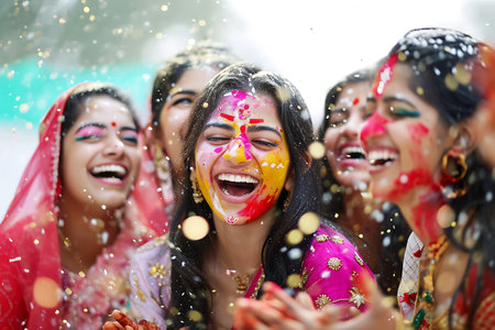 A group of young Indian women laughing joyfully and wearing bright Holi colors share moments of happiness during the festival. horizontal photoの素材