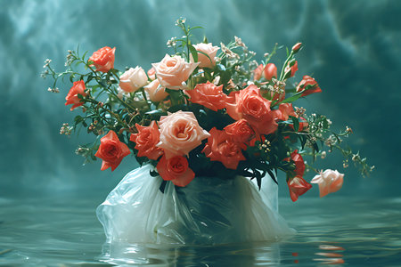 A bouquet of peach and coral roses with greenery submerged in water in a plastic bag. Photographic abstraction with floral elements and watercolor shades. horizontal photoの素材