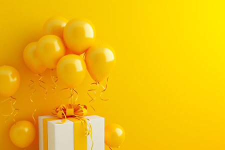 Wide angle image of bright yellow balloons attached to a white gift box with matching yellow ribbon on a monochrome yellow background with copy-space. horizontal photoの素材