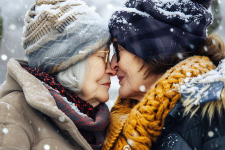 A middle-aged woman shows love and care by hugging her elderly mother, both enjoying the beauty of a snowy day wrapped in warm winter clothes. horizontal photoの素材