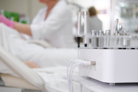 Focused shot of advanced cosmetology equipment with various attachments and a blurred background of a clinicの写真素材
