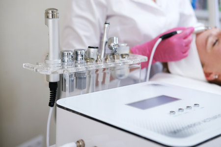 Professional oxygen mesotherapy and RF lifting machine with multiple heads for skincare treatments, operated by a technician in a beauty salonの写真素材