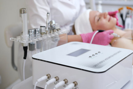 An aesthetic technician uses a combined oxygen mesotherapy and RF lifting device, on a client in a clinical settingの写真素材
