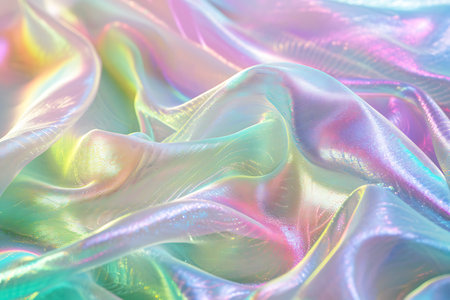 Soft, flowing silk fabric with an iridescent sheen creating waves of pastel pink, blue, and green colors. horizontal photoの素材