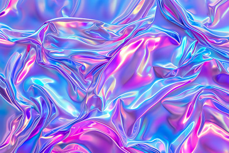 A dynamic horizontal illustration of flowing iridescent colors creating wave-like patterns on a reflective glossy surfaceの素材