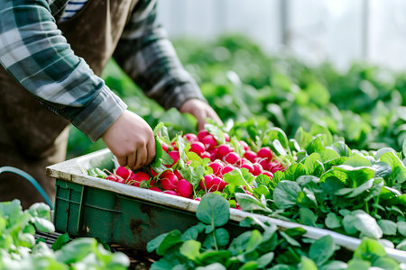 Close-up of hands sorting through a crate full of fresh red radishes in a lush greenhouse setting.の素材