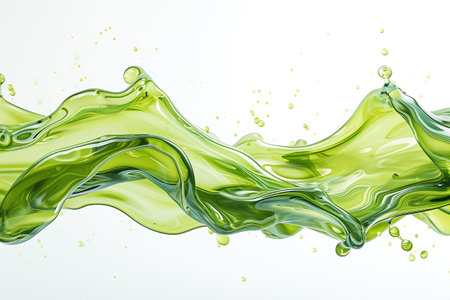 Energetic wave of green liquid representing the revitalizing power of spirulina in a clean, white spaceの素材