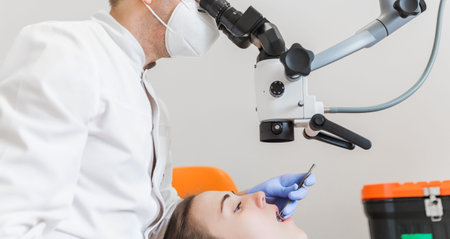 Dentist using a dental microscope for a precise patient examination in a modern dental clinic.の写真素材