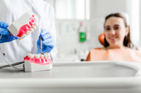 Dentist in blue gloves demonstrating a dental prosthetic model for patient education. The focus is...