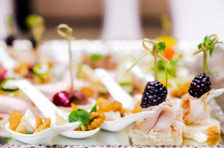Assorted appetizers and canapes featuring blackberries and fresh ingredients served on a decorative silver tray.の写真素材