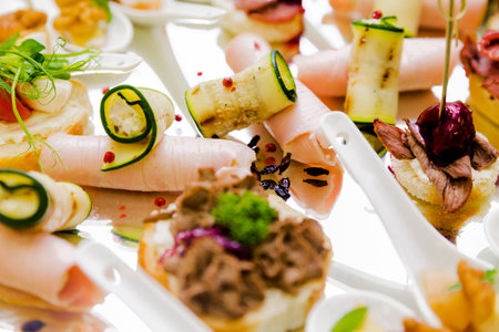 Assortment of gourmet appetizers with various meats, vegetables, and garnishes on a white plate. Horizontal photo. Top view.の写真素材