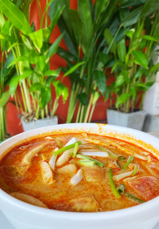 Tom yum soup in a white bowl garnished with green onions, placed in front of green plants and an...