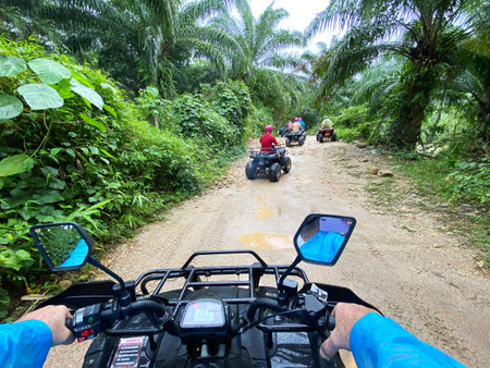 ATV riders travel along a dirt path in a tropical rainforest, with dense greenery and palm trees...