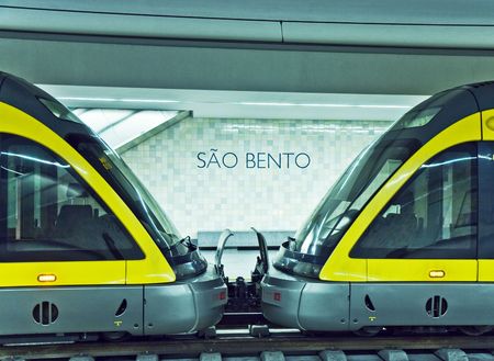 Trams in underground station in Porto, Portugalの写真素材