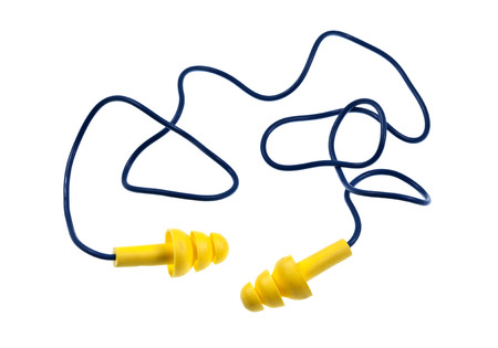 Reusable Ear Plugs with Cord isolated on whiteの写真素材