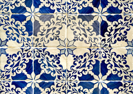 Traditional blue colored tiles decorating old Lisbon buildings.の写真素材