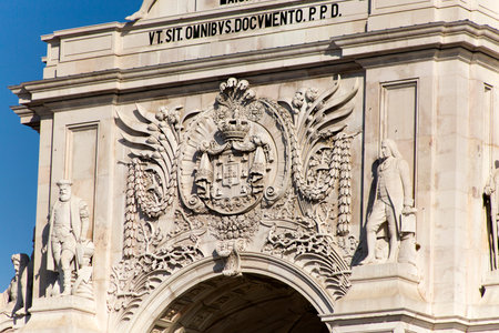Detail of the Rua Augusta Arch, a stone triumphal arch-like in Lisbon, Portugal, built to...