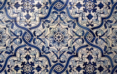 Traditional blue coloured tiles decorating the faades of many old buildings in Lisbon, Portugal.