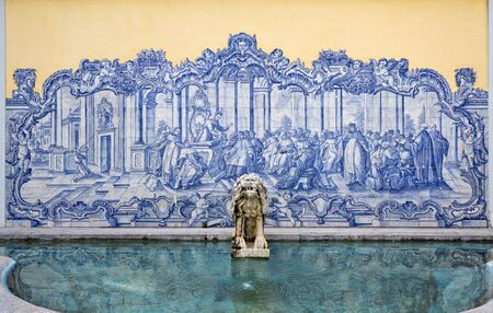 Fountain and Portuguese tiles panel in the gardens of the Palace of Conde de Castro Guimaraes, also known as the Tower of Saint Sebastien, in Cascais, Portugalのeditorial素材