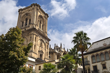 View of the bell tower of the Spanish Renaissance Cathedral in Granada, Spainの写真素材