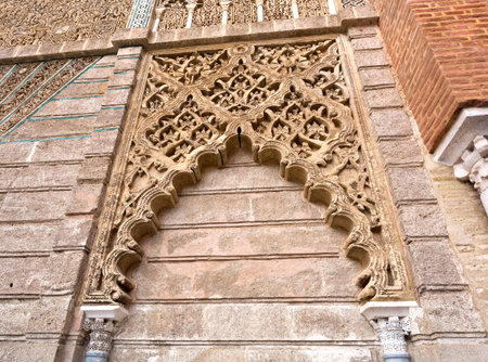 Detail of the mudejar facade of the King Peter of Castile in the Alcazar Royal of Seville, Spainのeditorial素材