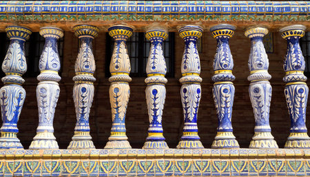 Detail of the beautiful ceramic balustrade at the Plaza de Espana (Spain Square) in Seville, Spainの写真素材