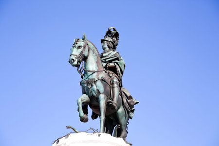 View of King Dom Jose equestrian statue in Commerce Square, in Lisbon, Portugal