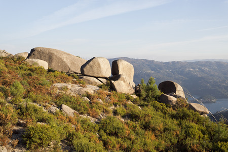 View of the rocky granite boulders on top of the Peneda-Geres Mountain, Northern Portugalの写真素材