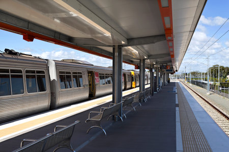 View of the platforms and train on the new railway station of Kippa Ring in the Redcliffe Peninsula...