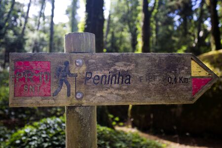 Sign post of a walking track to the Peninha Monastery in Sintra Mountain, near Lisbon, Portugalの写真素材
