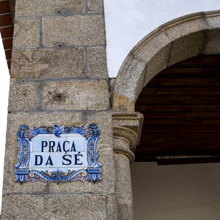 Tiles panel with the street name (Cathedral Square) in Braganca, Portugalの写真素材