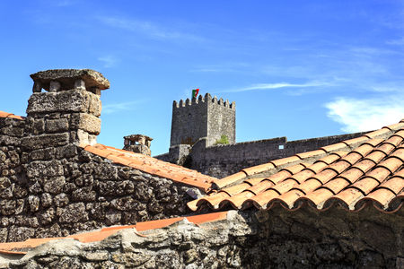 View of the traditional houses built in the locally abundant granite stone, in the medieval village of Sortelha, Portugalの写真素材