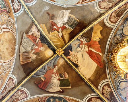 Detail of the painted stucco vault of the parish church of the historic village of Escalhao, Portugalのeditorial素材