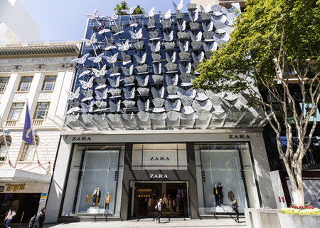 View of the Zara retail fashion shop behind the bespoke butterfly facade in the Queen Street Mall, Brisbane, Australiaのeditorial素材