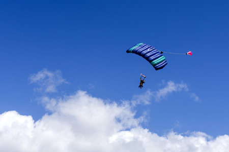 Tandem skydive is the awesome rush of exhilarating freefall after leaping out of a plane to land on the beach, in Queensland, Australiaの写真素材