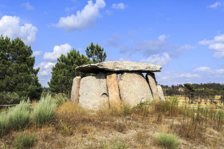 The Dolmen of Cortico, or the House of Orca, near Fornos de Algodres, Portugal, is a burial chamber with nine pillars cover by a hat, built in the final Neolithic period (circa 2900-2640 B.C).の写真素材