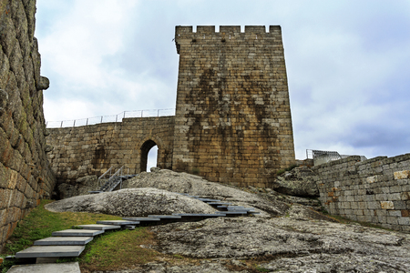 Inside of the medieval castle of Linhares da Beira, Gouveia, Portugal and the modern passageway to access the keep towerのeditorial素材