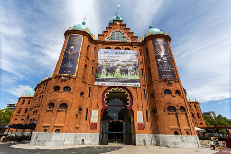 Facade of the famous Campo Pequeno bullring of Lisbon, Portugal, built in 1890 in neo-Mudejar style...