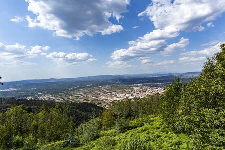 Panoramic view of the Portuguese town of Lousa, seen from the Lousa Mountain Range near Coimbra, in central Portugalの写真素材