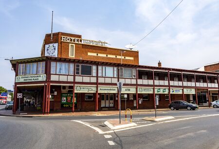 Facade of the Imperial Hotel, an Art Deco country style hotel in the center of Coonabarabran, New South Wales, Australiaのeditorial素材
